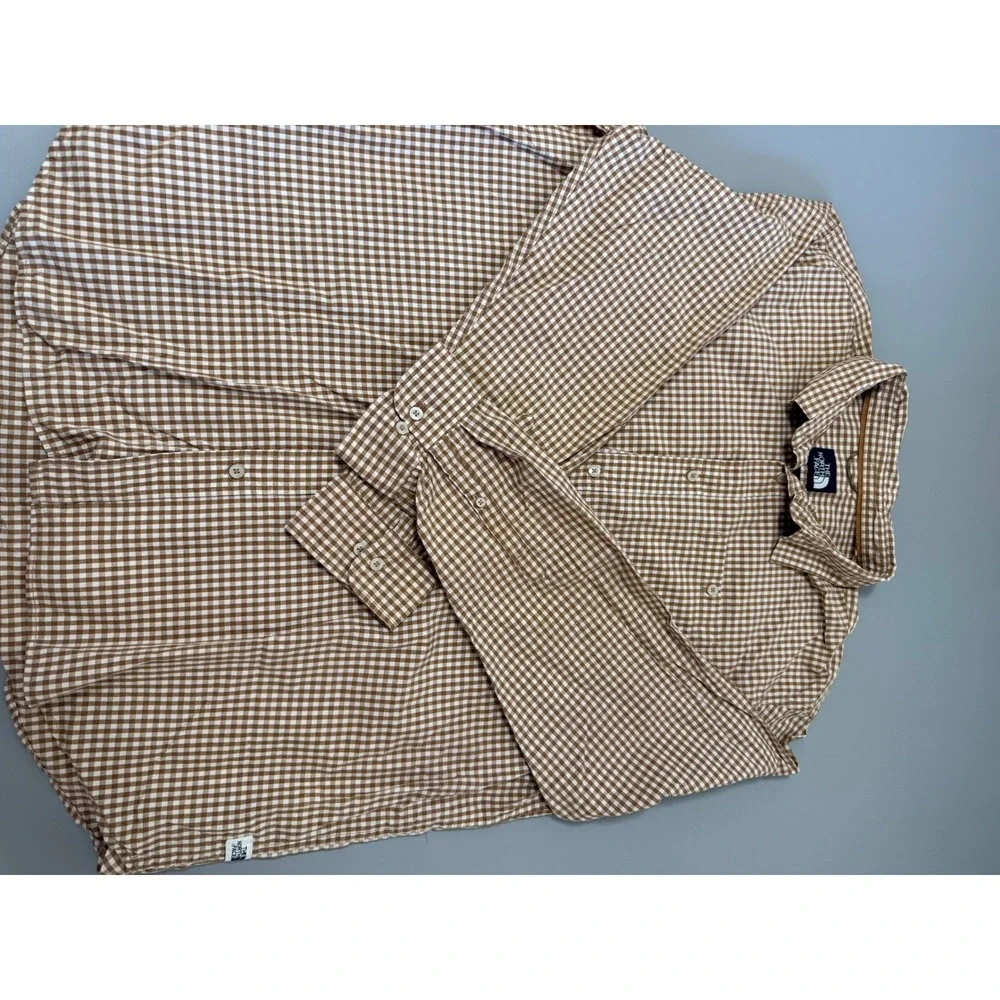 The North Face Mens XXL Gingham Button Down Shirt Brown White Long Sleeve